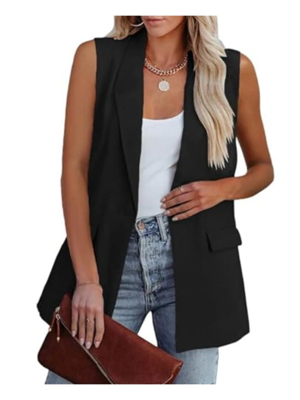 Sleeveless Blazer Vest Women's Crop Suit Vest with Pockets